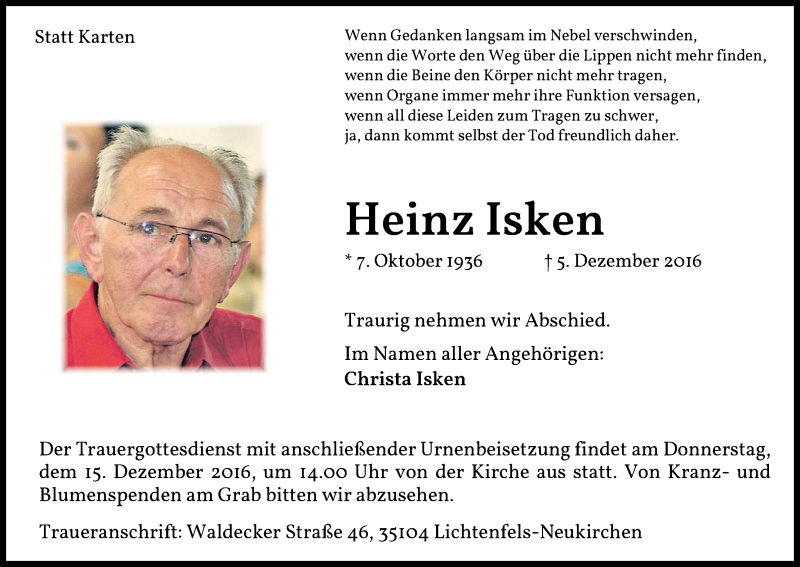  Traueranzeige für Heinz Isken vom 10.12.2016 aus Waldeckische Landeszeitung