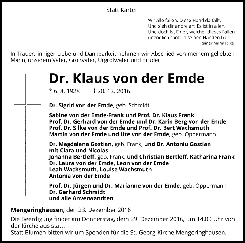  Traueranzeige für Klaus von der Emde vom 23.12.2016 aus Waldeckische Landeszeitung