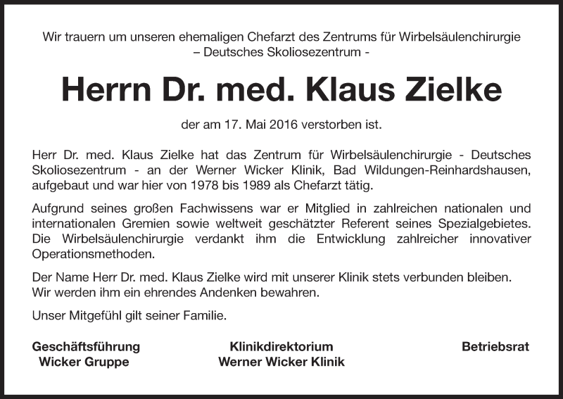  Traueranzeige für Klaus Zielke vom 04.06.2016 aus Waldeckische Landeszeitung