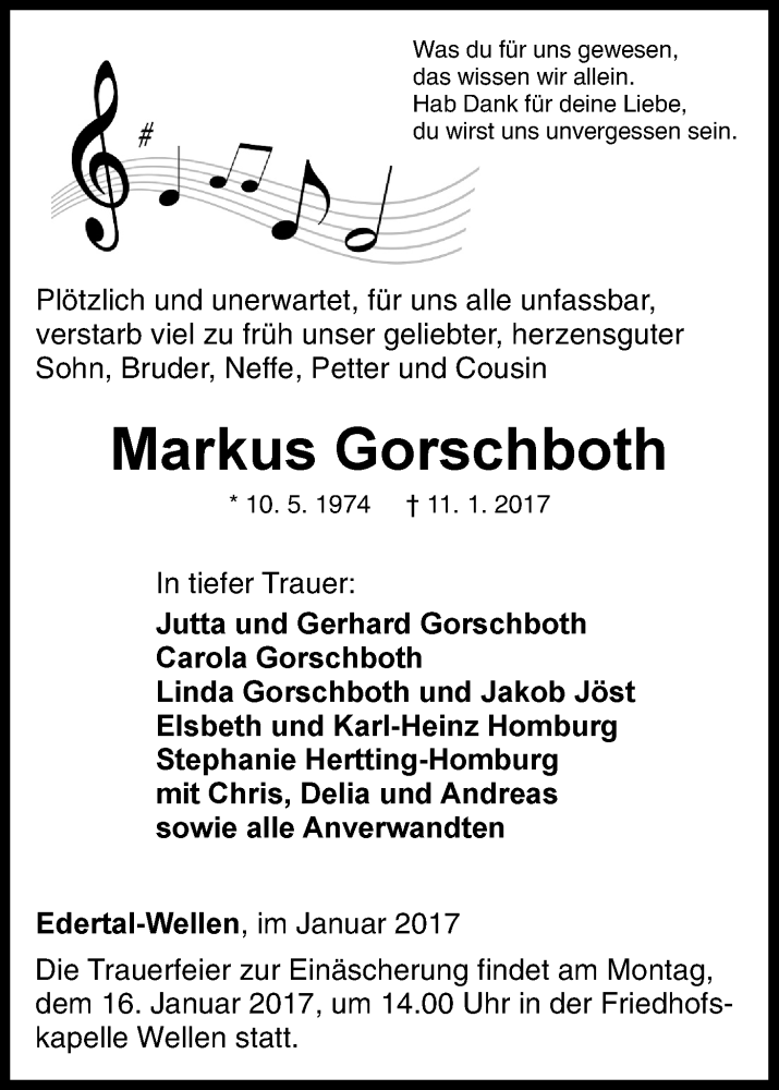  Traueranzeige für Markus Gorschboth vom 13.01.2017 aus Waldeckische Landeszeitung