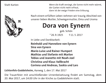 Traueranzeige von Dora Von Eynern von Waldeckische Landeszeitung