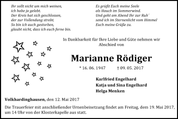 Traueranzeige von Marianne Rödiger von Waldeckische Landeszeitung