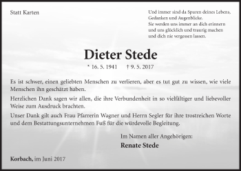 Traueranzeige von Dieter Stede von Waldeckische Landeszeitung