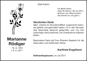 Traueranzeige von Marianne Rödiger von Waldeckische Landeszeitung