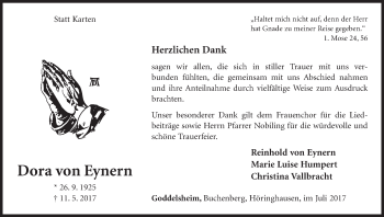 Traueranzeige von Dora Von Eynern von Waldeckische Landeszeitung