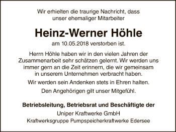 Traueranzeige von Heinz-Werner Höhle von WLZ