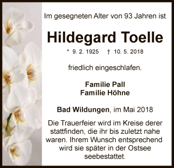 Traueranzeige von Hildegard Toelle von WLZ