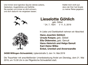 Traueranzeige von Lieselotte Göhlich von WLZ
