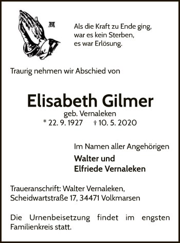 Traueranzeige von Elisabeth Gilmer von WLZ