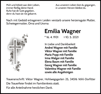 Traueranzeige von Emilia Wagner von WLZ