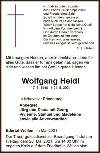 Traueranzeige von Wolfgang Heidl von WLZ