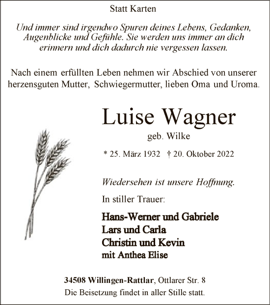 Traueranzeigen Von Luise Wagner Trauer Wlz Online De