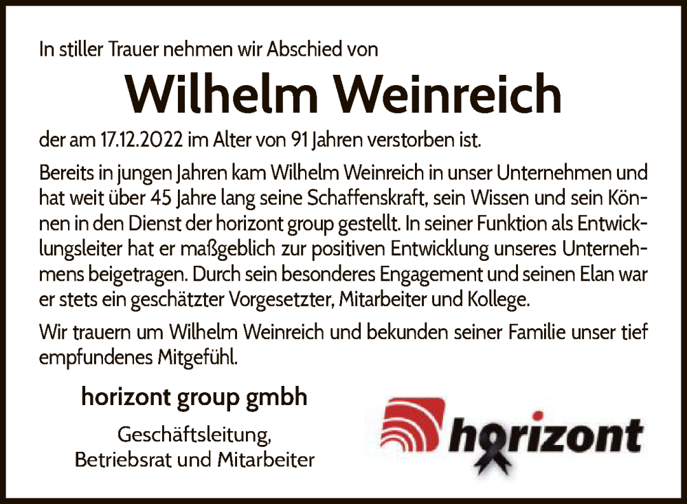 Traueranzeigen Von Wilhelm Weinreich Trauer Wlz Online De