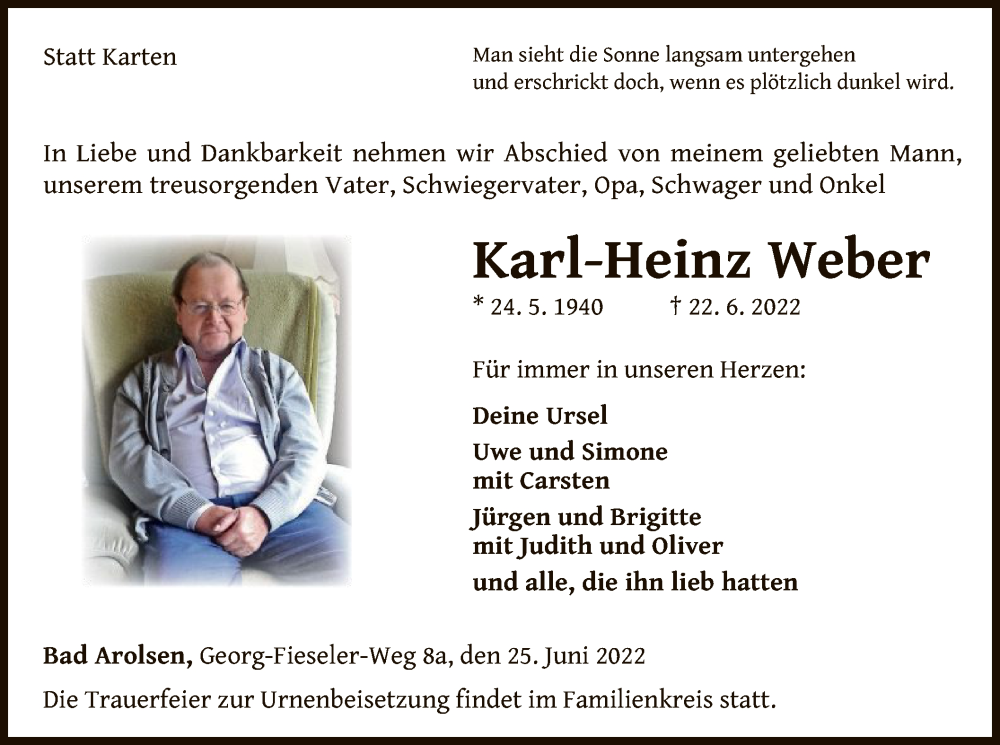 Traueranzeigen Von Karl Heinz Weber Trauer Wlz Online De