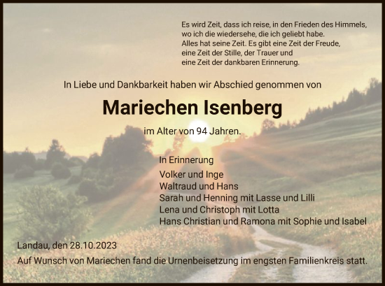Traueranzeige von Mariechen Isenberg von WLZ