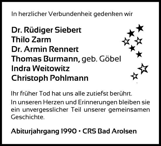 Traueranzeige von Erinnerungen Abiturjahrgang 1990 • CRS Bad Arolsen von WLZ