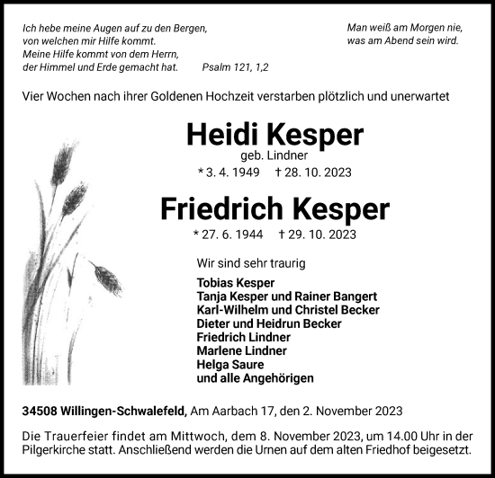 Traueranzeige von Heidi und Friedrich Kesper von WLZ