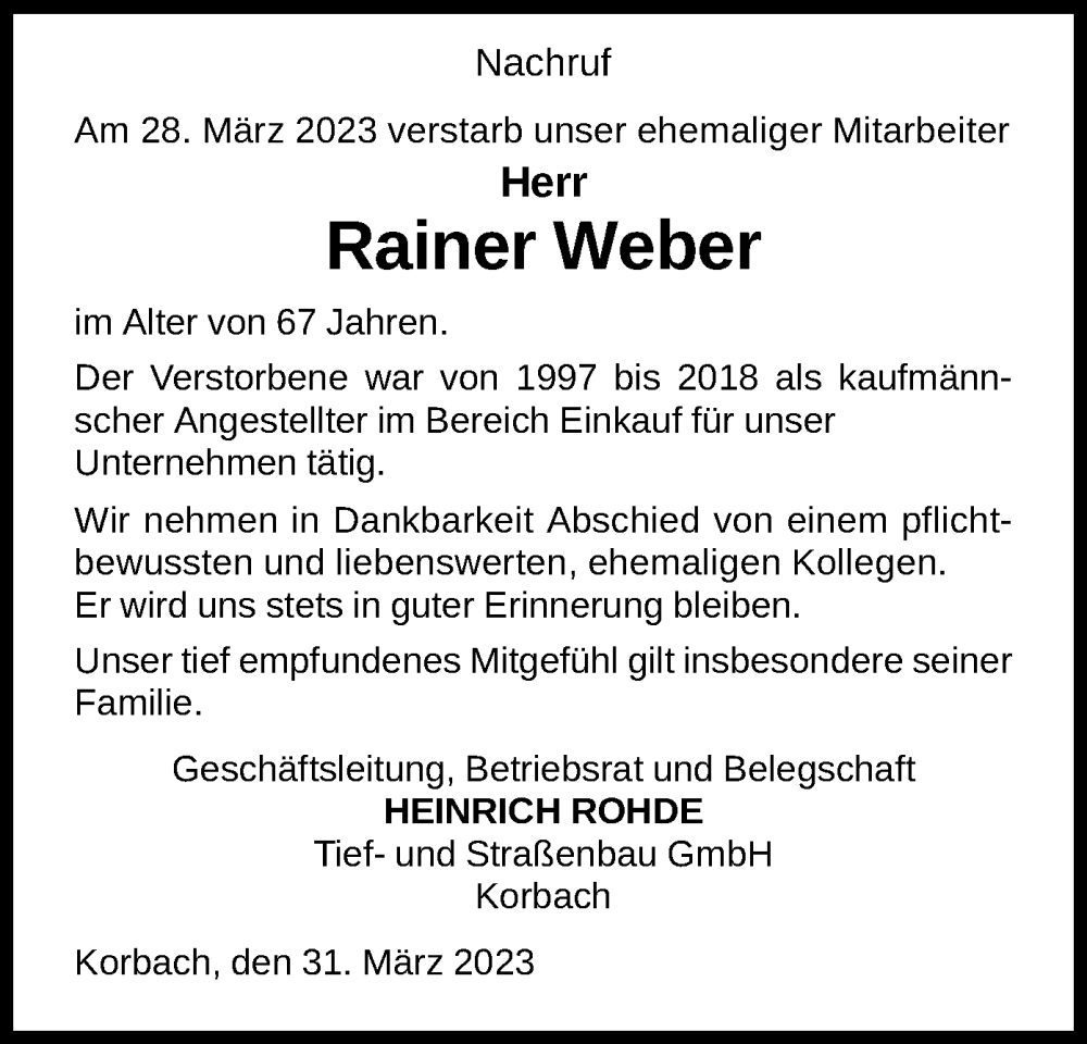 Traueranzeigen Von Rainer Weber Trauer Wlz Online De