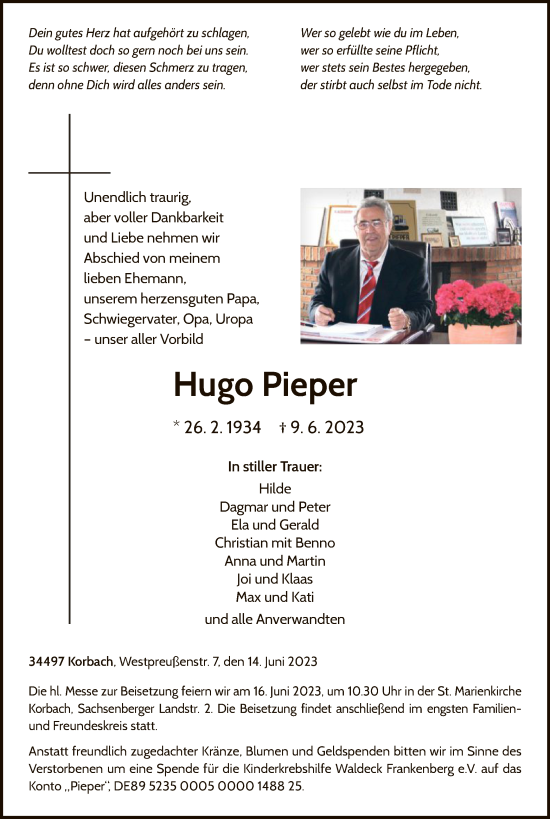 Traueranzeigen Von Hugo Pieper Trauer Wlz Online De