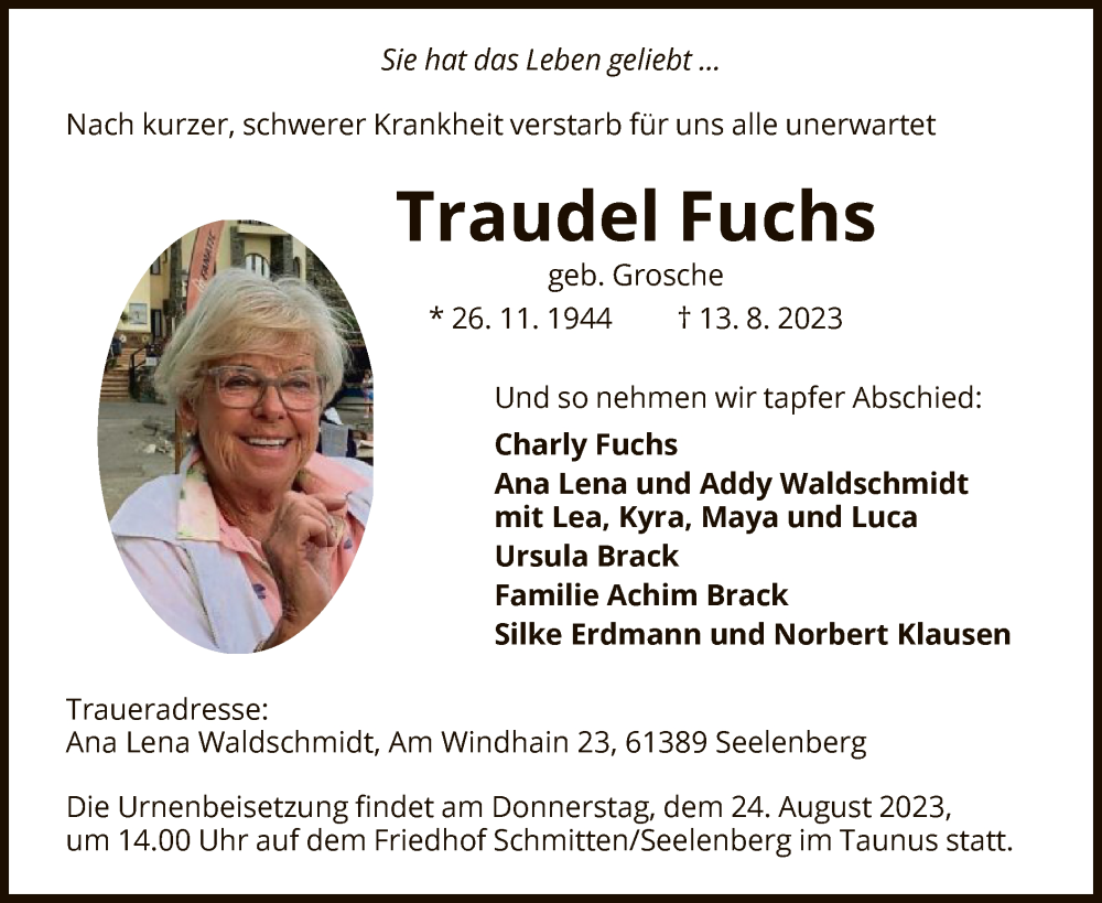 Traueranzeigen Von Traudel Fuchs Trauer Wlz Online De