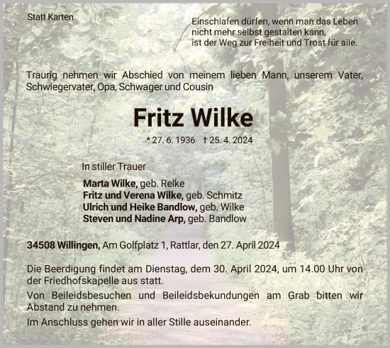 Traueranzeige von Fritz Wilke von WLZ