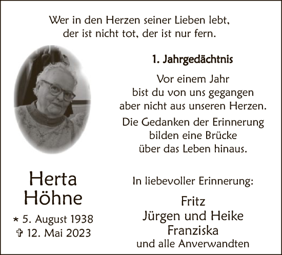 Traueranzeige von Herta Höhne von WLZ