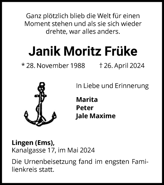Traueranzeige von Janik Moritz Früke von WLZ