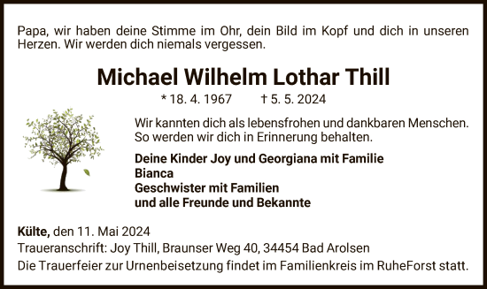 Traueranzeige von Michael Wilhelm Lothar Thill von WLZ