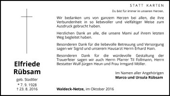 Traueranzeige von Elfriede Rübsam von Waldeckische Landeszeitung