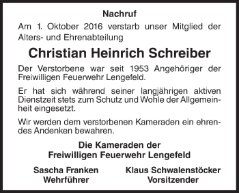 Traueranzeige von Christian Heinrich Schreiber von Waldeckische Landeszeitung