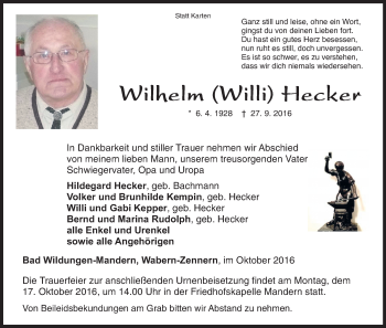 Traueranzeige von Wilhelm  Hecker von Waldeckische Landeszeitung