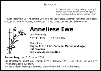 Traueranzeige von Anneliese Ewe von Waldeckische Landeszeitung