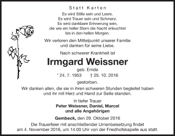 Traueranzeige von Irmgard Weissner von Waldeckische Landeszeitung