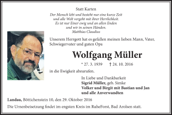 Traueranzeige von Wolfgang Müller von Waldeckische Landeszeitung