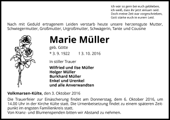 Traueranzeige von Marie Müller von Waldeckische Landeszeitung