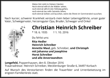 Traueranzeige von Christian Heinrich Schreiber von Waldeckische Landeszeitung