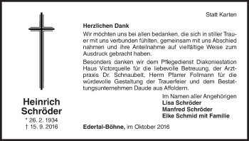 Traueranzeige von Heinrich Schröder von Waldeckische Landeszeitung