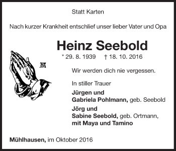 Traueranzeige von Heinz Seebold von Waldeckische Landeszeitung