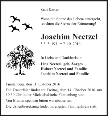 Traueranzeige von Joachim Neetzel von Waldeckische Landeszeitung