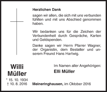 Traueranzeige von Willi Müller von Waldeckische Landeszeitung