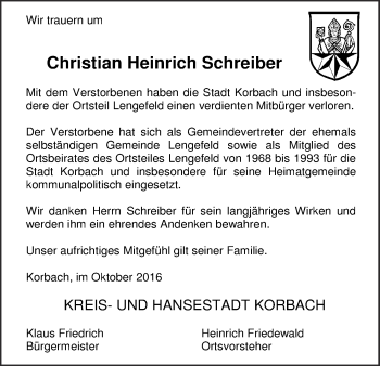 Traueranzeige von Christian Heinrich Schreiber von Waldeckische Landeszeitung