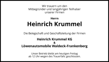 Traueranzeige von Heinrich Krummel von Waldeckische Landeszeitung