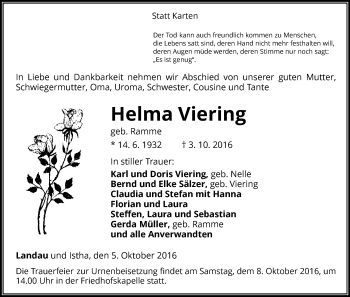 Traueranzeige von Helma Viering von Waldeckische Landeszeitung