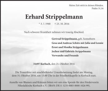 Traueranzeige von Erhard Strippelmann von Waldeckische Landeszeitung