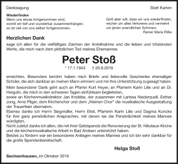 Traueranzeige von Peter Stoß von Waldeckische Landeszeitung