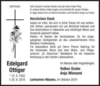 Traueranzeige von Edelgard Ottiger von Waldeckische Landeszeitung