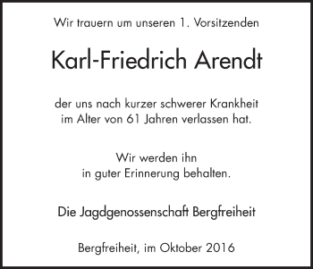 Traueranzeige von Karl-Friedrich Arendt von Waldeckische Landeszeitung