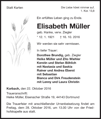 Traueranzeige von Elisabeth Müller von Waldeckische Landeszeitung