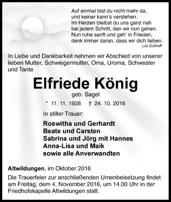 Traueranzeige von Elfriede König von Waldeckische Landeszeitung