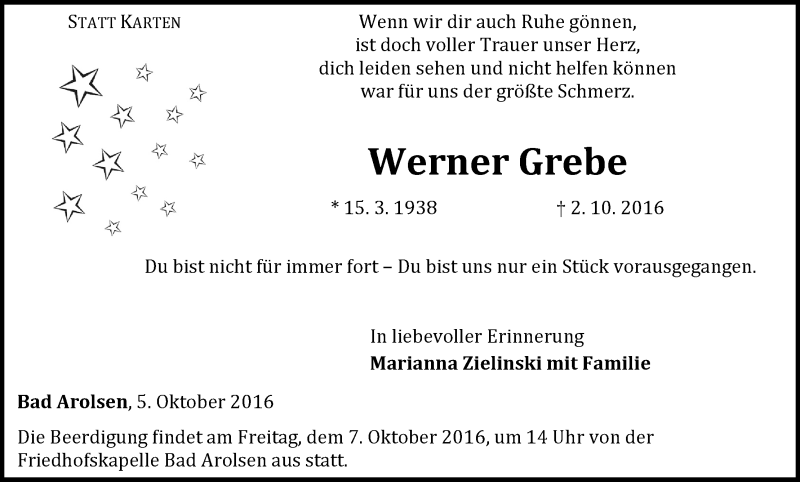  Traueranzeige für Werner Grebe vom 05.10.2016 aus Waldeckische Landeszeitung
